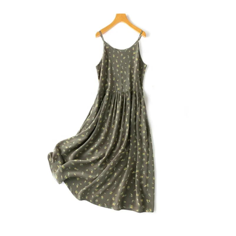 Wholesale 100% Silk Women Dresses Printed Spaghetti Slim Waist Sleeveless Beach Midi Dress 2023 Summer Holiday Clothes D35754C