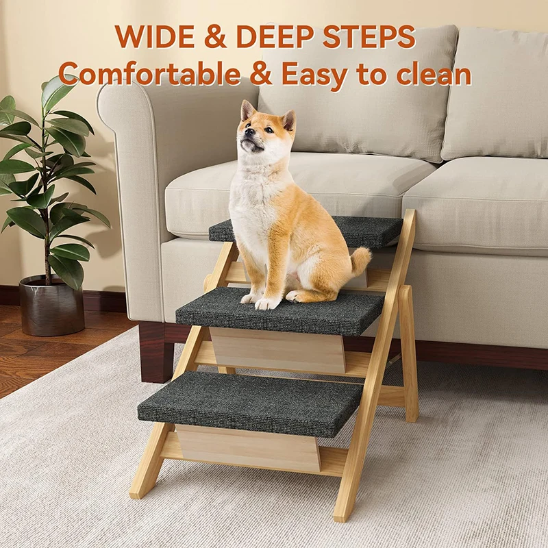 Wooden Dog Stairs & Ramp Portable Cat Steps Foldable 4 Levels Pet Climbing Ladder Senior