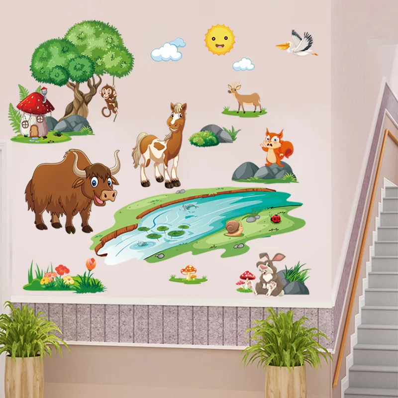 Little Horse Crossing the River Wall Sticker Cartoon animals  Decals  Living Room Decorative Wallpaper