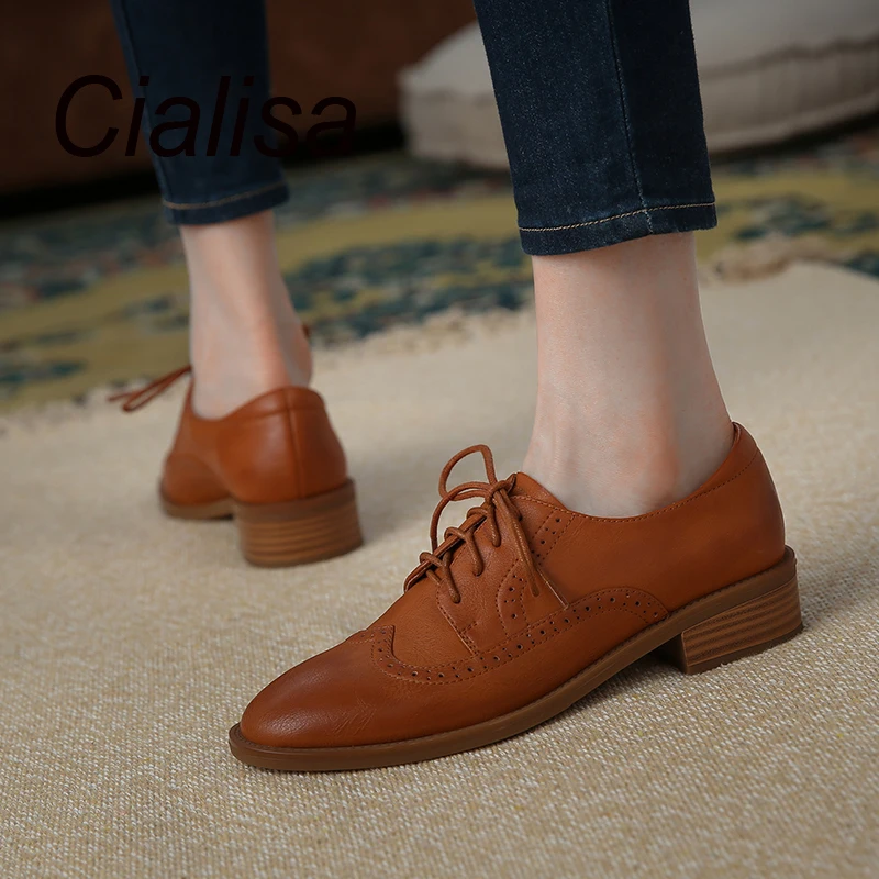 Cialisa Handmade Genuine Leather Ladies Flats Perforated Lacing Up Pointed Toe Low Heels Womens Wingtip Oxford Shoes