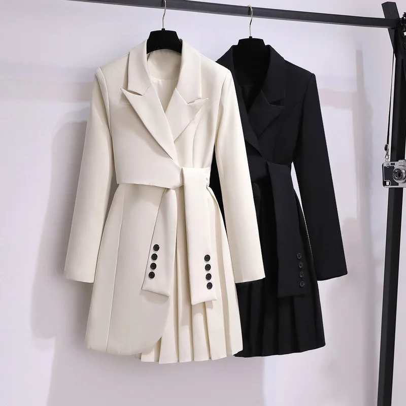 Wholesale Hot Sale Autumn Winter New Design S-3XL Single Button Blazer Ladies Women Solid Black White Khaki Suit Dress With Belt