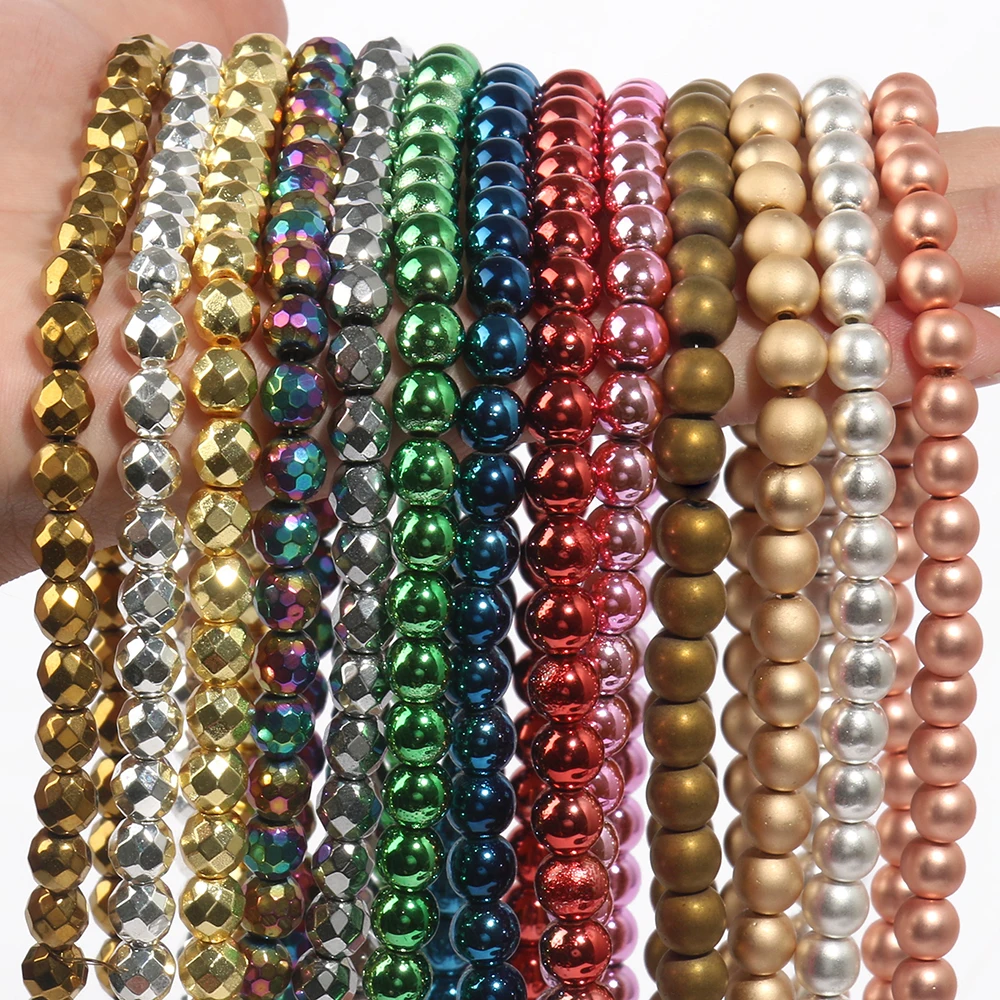 Natural Round 2/3/4/6/8MM Faceted Goid/Silver/Rose Gold/Black Hematite Stone Beads for Jewelry Making DIY