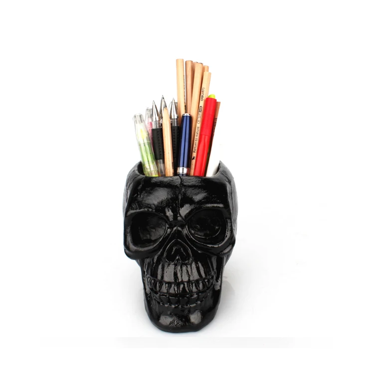 Personality Black Resin Skull Pen Holder for Stationary Organizer ,Resin Makeup Brush Holder for Horror Halloween Skelet Gift