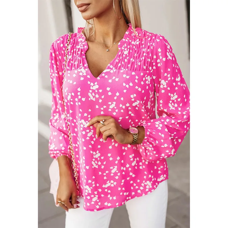 New Trendy Pink Split Neck Fall Printed Crinkled Blouse V neck Chiffon Top