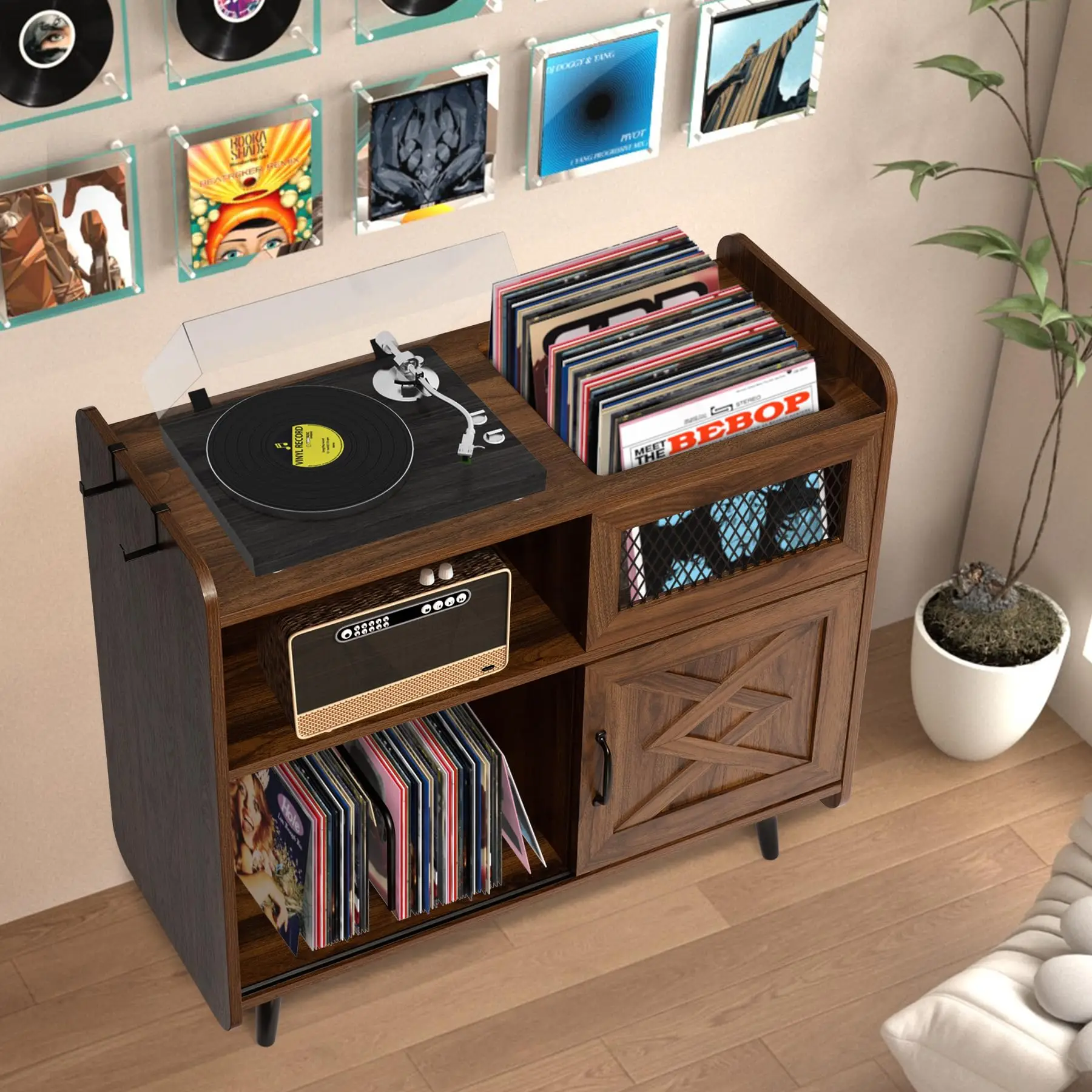 Record Player Stand with Vinyl Storage 350 Albums Large Turntable Stand with Sliding Door