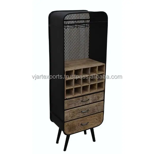 
contemporary furniture natural finish fusion of wood & iron metal 3 drawers display cabinet with wine bottle rack 