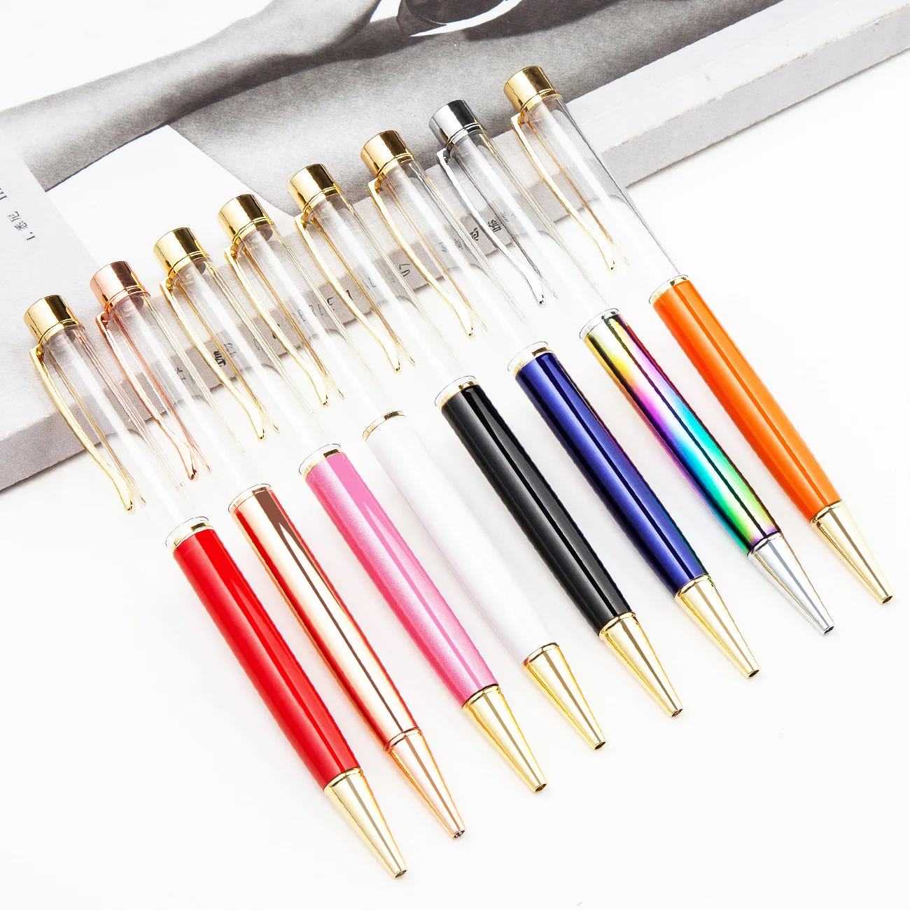 Wholesale DIY empty tube hollow liquid quicksand gold foil pen floating glitter custom logo metal planner pen