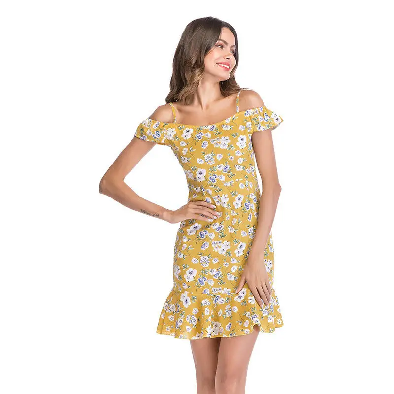 
Off Shoulder Ruffle Floral Print Fitted Bodycon Short Female Clothes Casual Women Summer Dress 