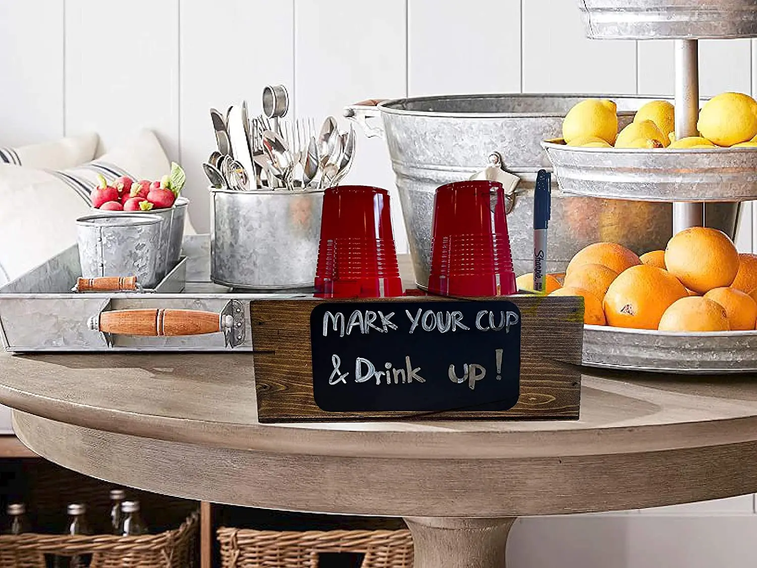  Double Solo Cup Holder with Marker Slot - Dark Walnut Stain Standard Size That Fits Most Brands Plastic or Paper Party