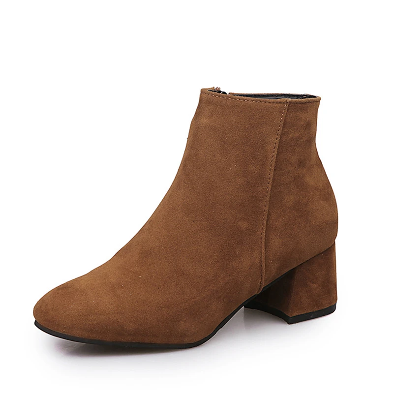 Women Ankle Boots Round Toe Faux Suede Autumn Winter Short Boots Thick Middle Heels Shoes