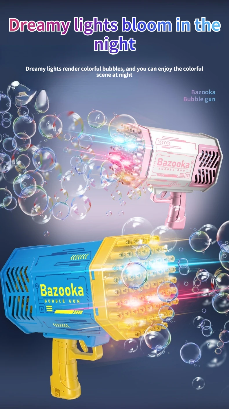 Soap Machine Blower Kids Toy Electric Gatling Bubble Gun 69 Holes Light Rocket Bazooka