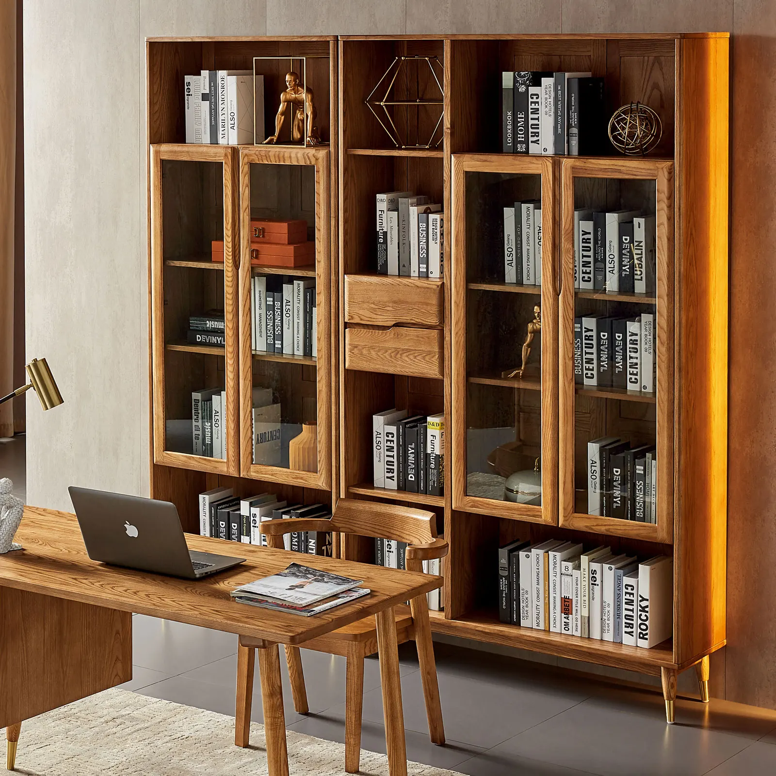 Wholesale Office Wood Glass Book Shelf 2 3 Doors Storage Bookcase Wooden Nature Home Furniture