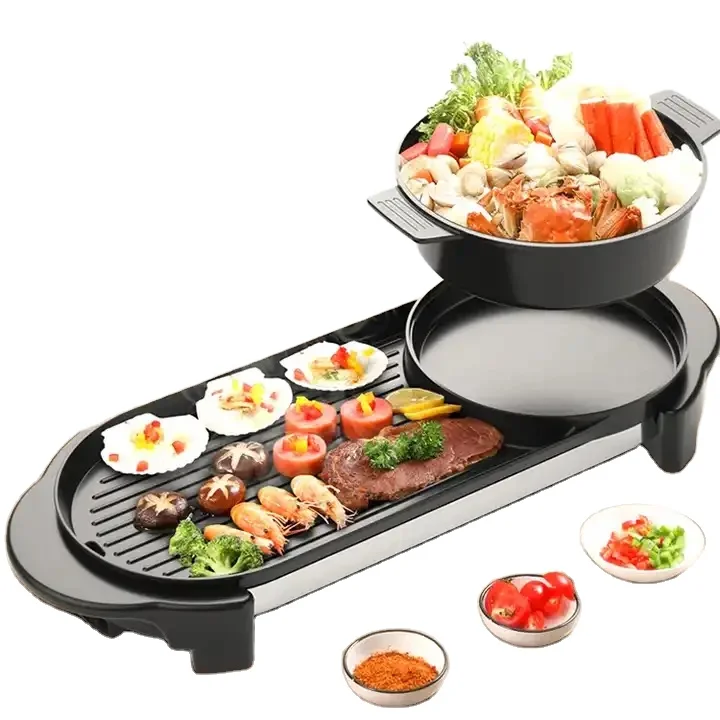 Korean 2 In 1 Non Stick Hot Pot Barbecue Griller Pan Smokeless Indoor Tabletop Party Barbeque Electric Grills