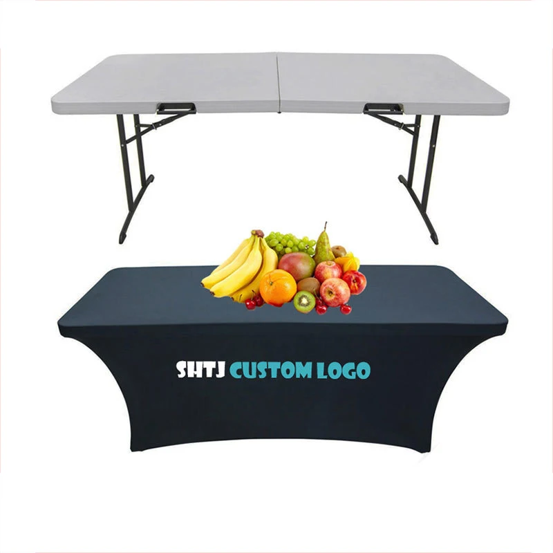 Custom Logo Spandex Polyester Printed Round Black White Rectangle Square Fitted Tablecloth Party Wedding Banquet Table Cloth