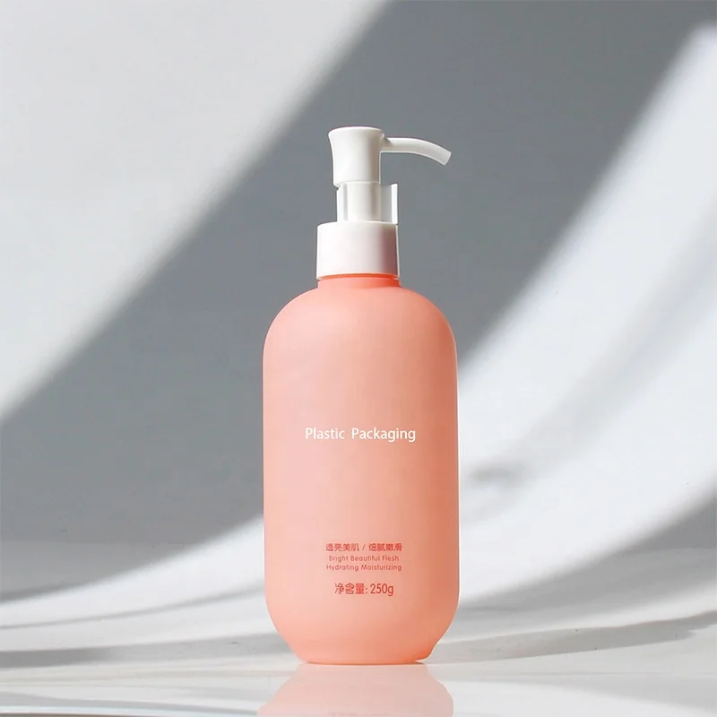 250ml 8.5oz Pink Matte Soft Touch HDPE Whiten Cream Body Lotion Round Shoulder Bottle With Pump