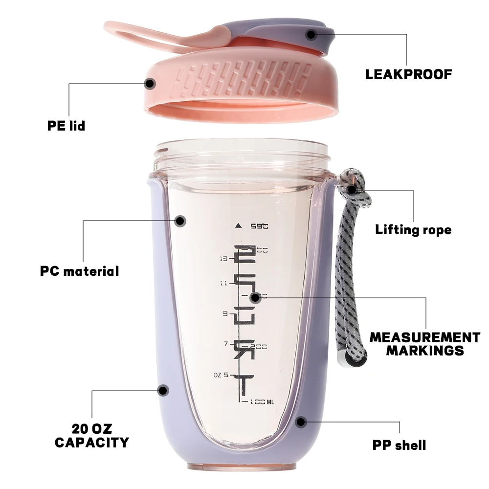 Custom Logo Sport Fitness GYM BPA Free 600ml Plastic Protein Shaker Bottle with Metal Mixer Ball Water bottle with Handle