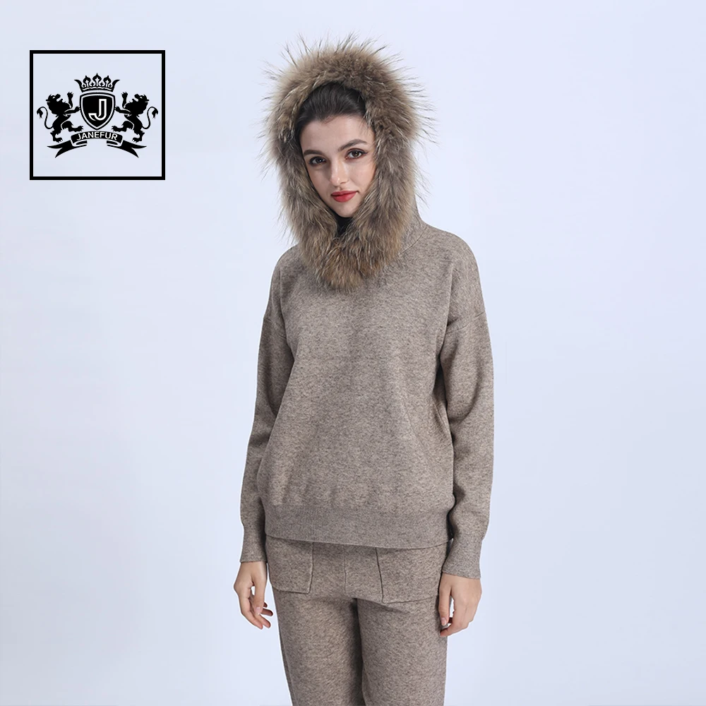 2022 Autumn Winter Knit Sweater Knitwear Set  Knitted Women Raccoon Fur Hooded Sweater Suits Set