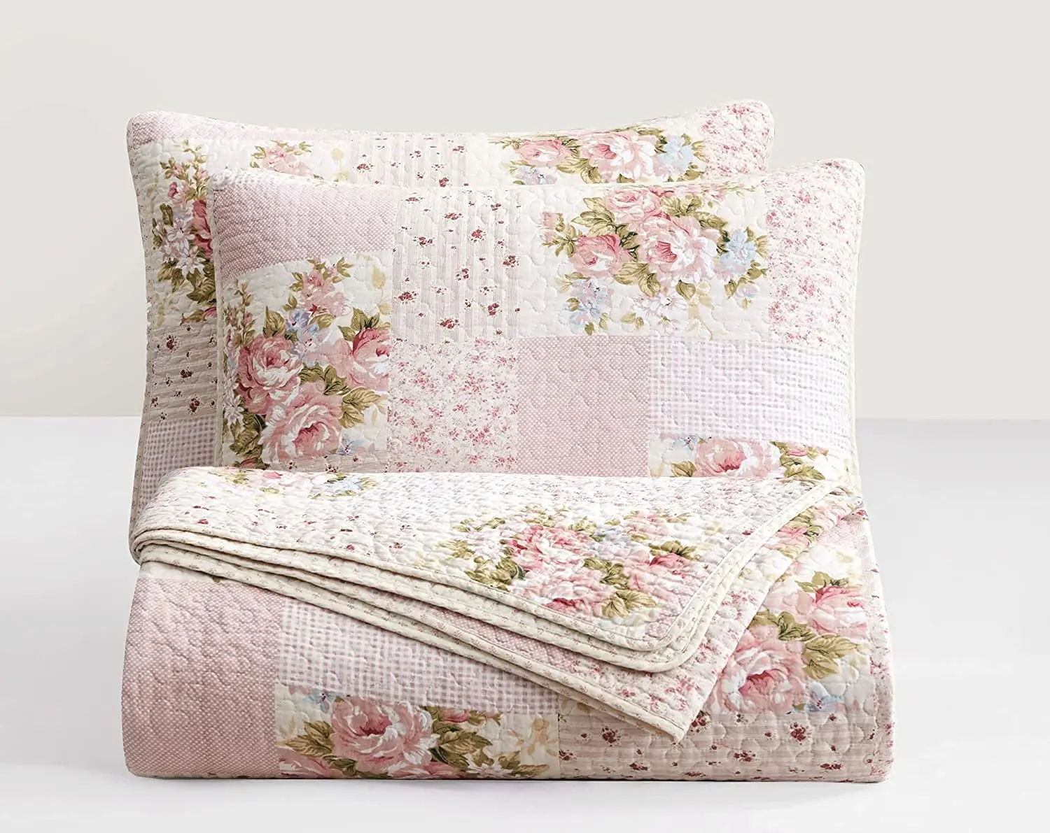 New pink flower floral patchwork bedspread set printed quilted bedspread for us and euro market,king queen full size
