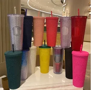 2023 NEW Hot DIY 16oz 24oz Cold Coffee Mug Double Wall Plastic Iridescent Matte Studded Cups Tumbler with Straw Lid