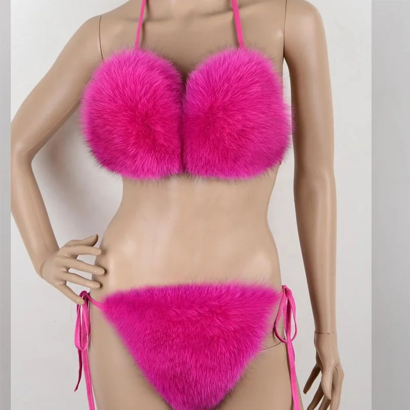 Женское бикини из натурального Лисьего меха, летнее пляжное нижнее белье, праздничный плотный пушистый бюстгальтер из натурального меха