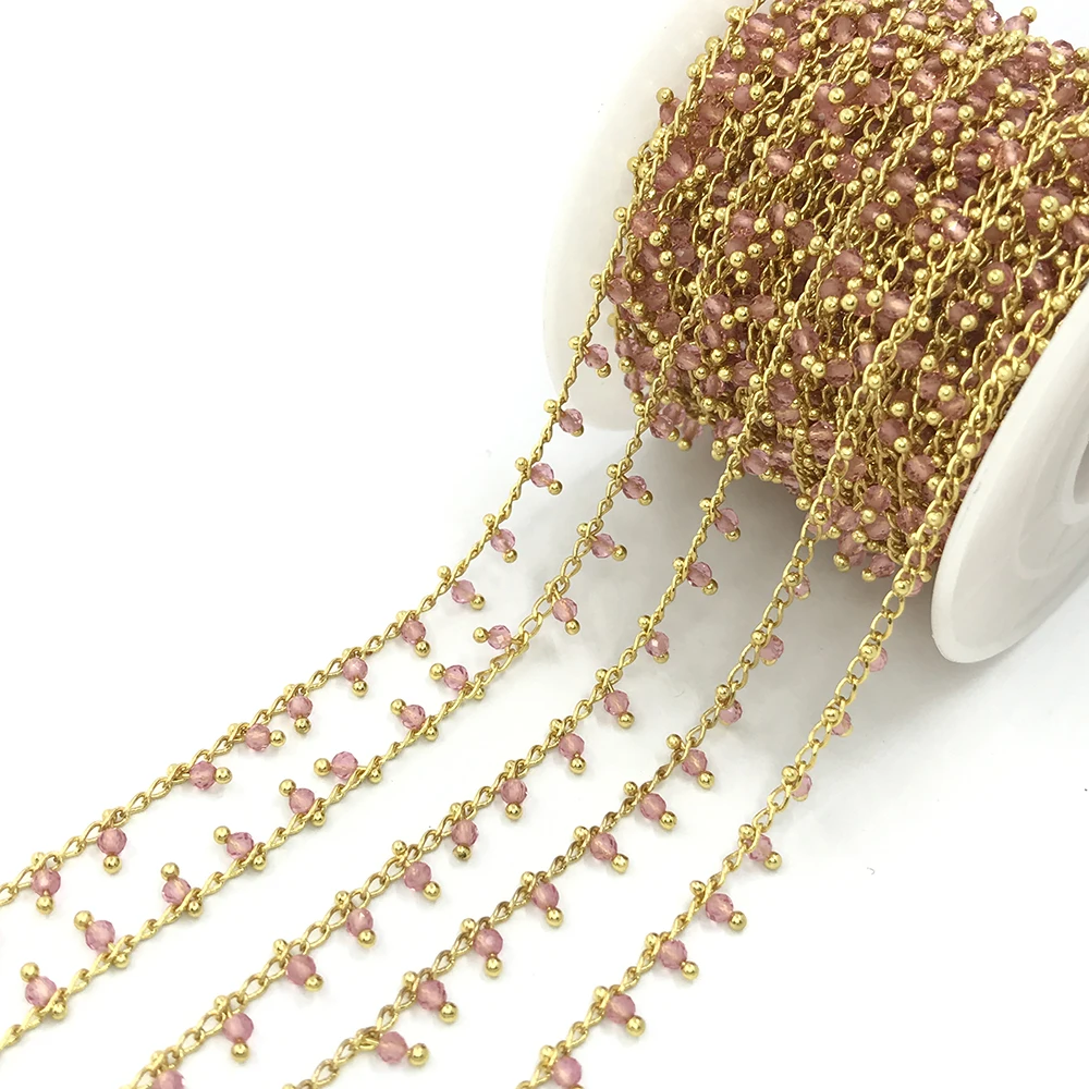 wholesale rare earth material handmade beads chain wire wrapped glass beads chain ,mini round beaded brass chain