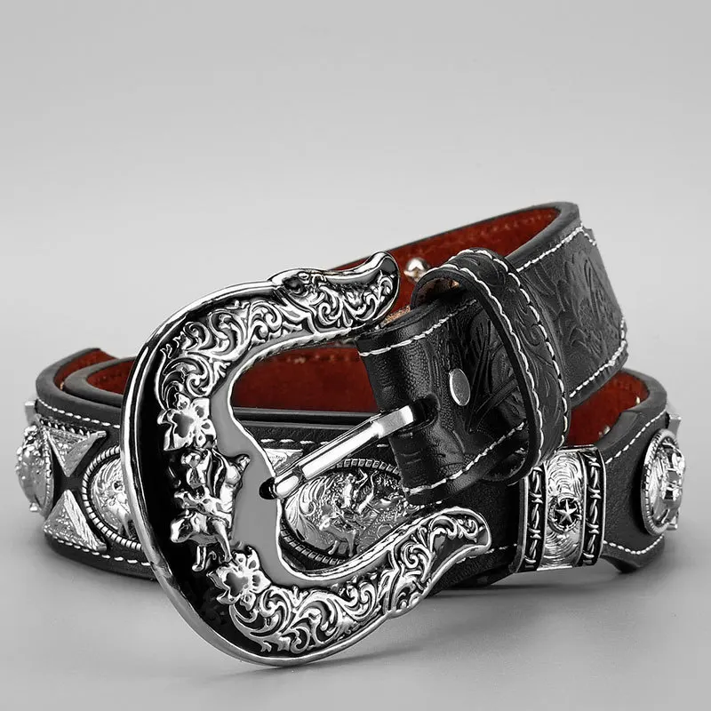 Mens Western Belt Cowboy Country Concho Leather Belt for Jeans Pants Belts