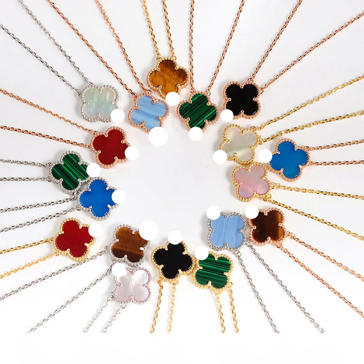 High Version Gold Four-Leaf Clover Bracelet 18K Gold Necklace Rose Red Chalcedony Agate White Shell Pendant Clavicle Chain
