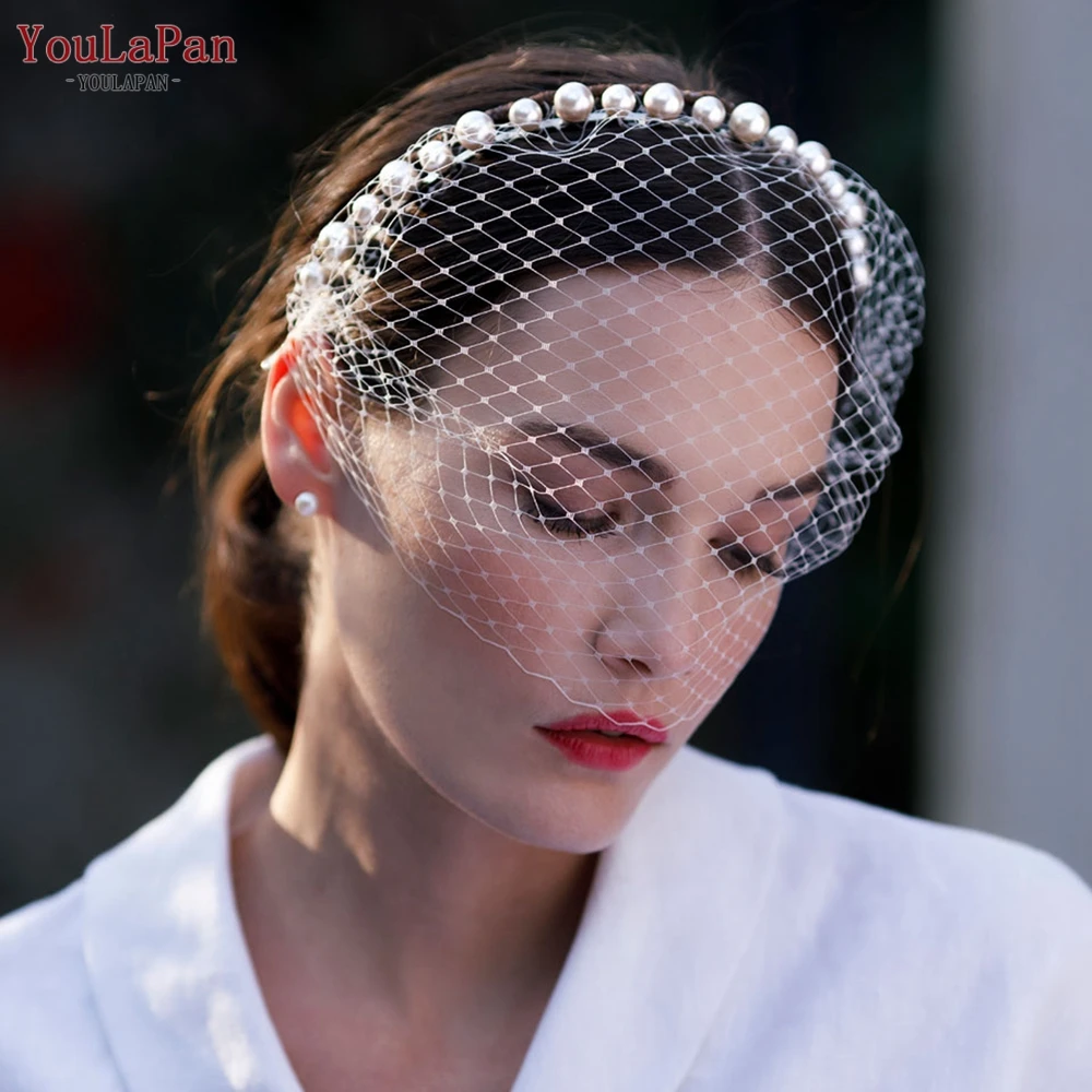 YouLaPan VA11 Handmade Birdcage Veil White Black Pearl Headband Blush Veil for Bridal Headwear Face Veil