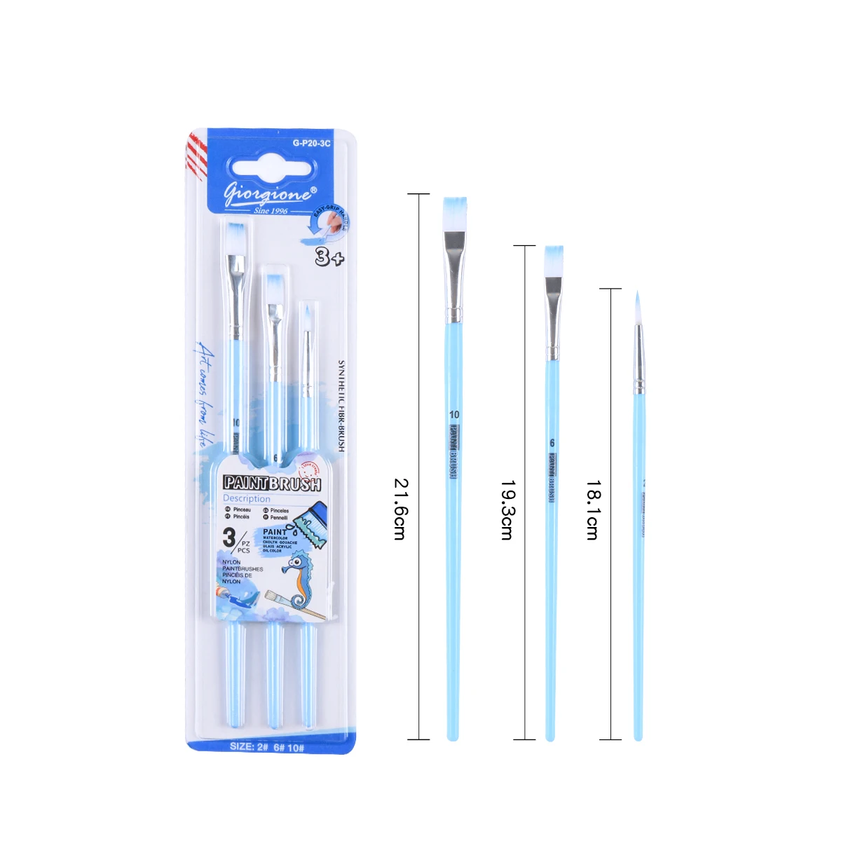 Giorgione 3Pcs Paint Brush Flat Round Shape Nylon Paintbrush Set for Acrylic Oil Watercolor and Gouache
