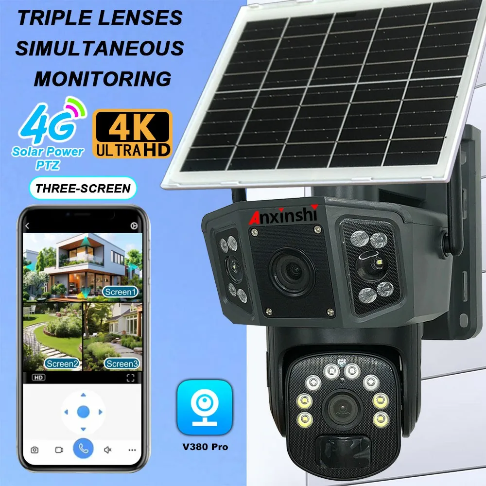 Axinshi бренд V380 PRO AI обнаружения 3 экрана с двумя объективами 4K PTZ 4G камера видеонаблюдения на солнечной батарее для африканского европейского рынка