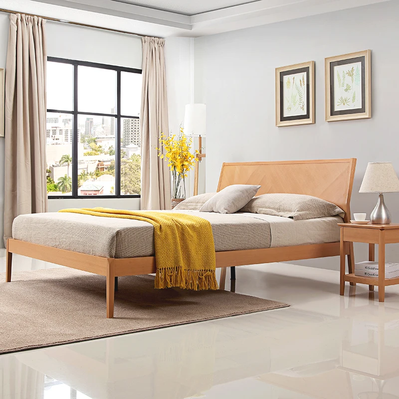 Modern simple design bedroom furniture king/queen size bed with solid wood slats frame and legs