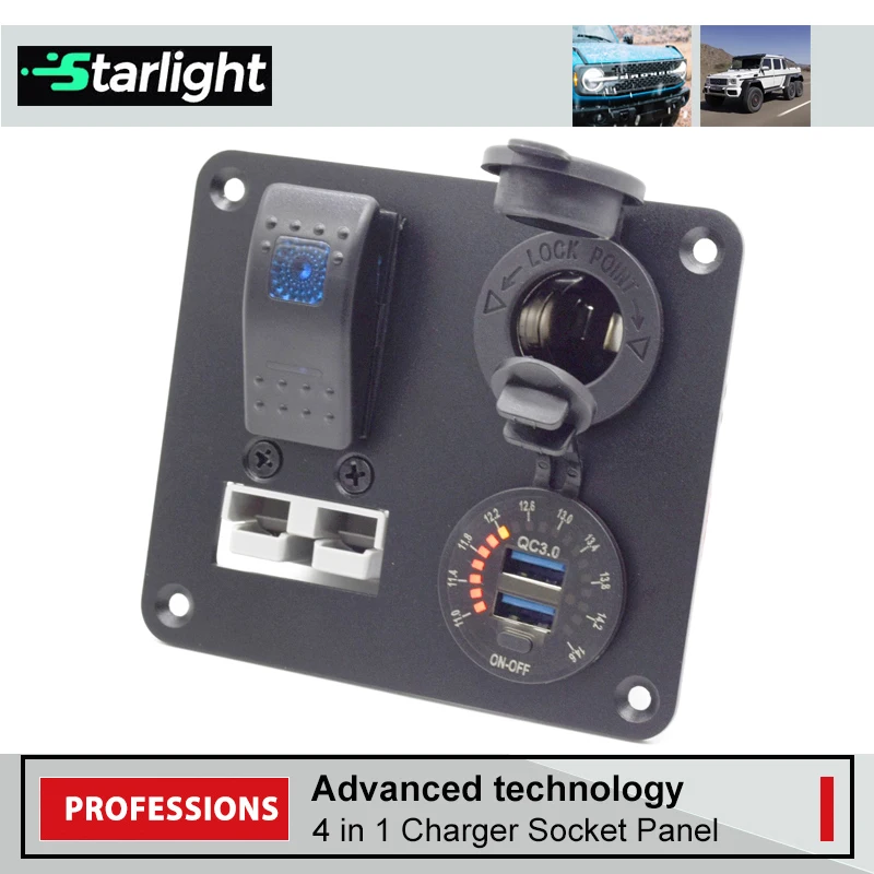 4 in 1 ON/Off Toggle Switch Charger Socket Panel QC 3.0 Dual USB Power Outlet LED Voltmeter Cigarette Lighter Plug for Car RV