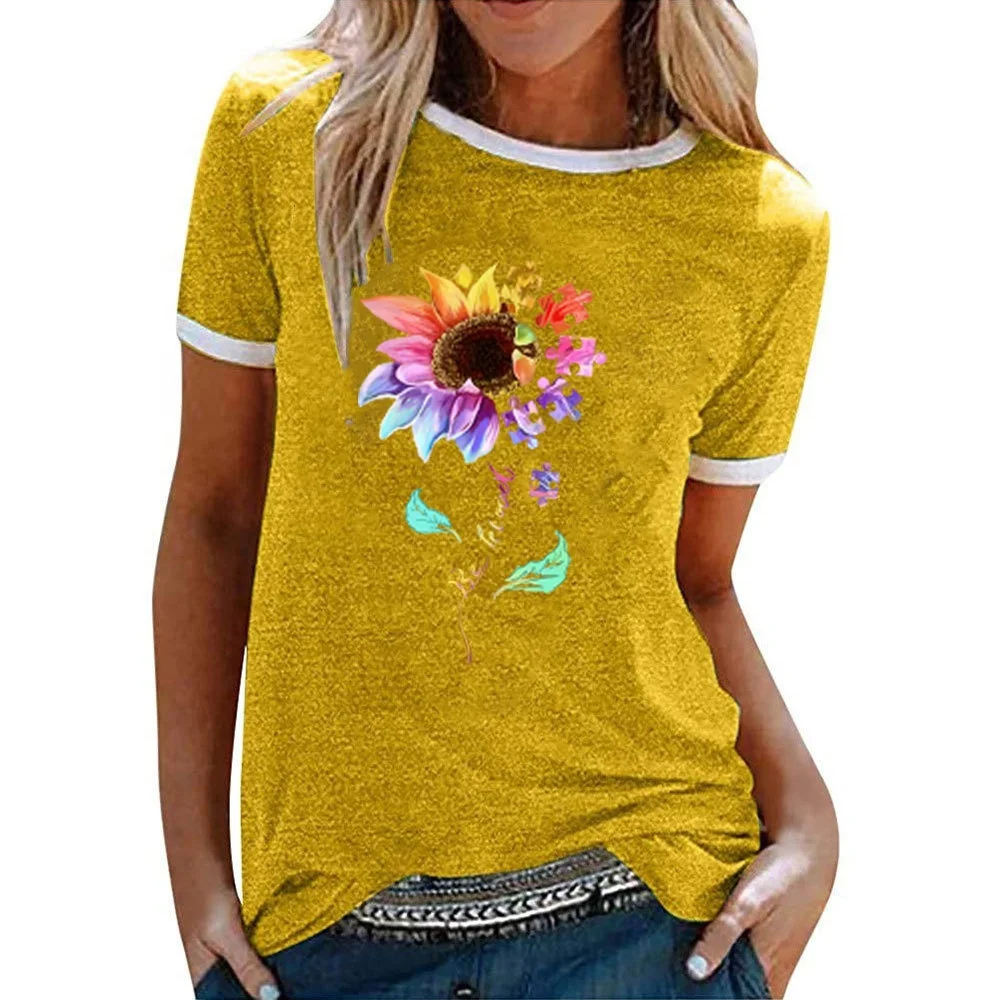 2021 Summer Women Vintage Flower Print Shirts Womens Blouse Short Sleeve T Shirts And Tops Sunflower Shirts