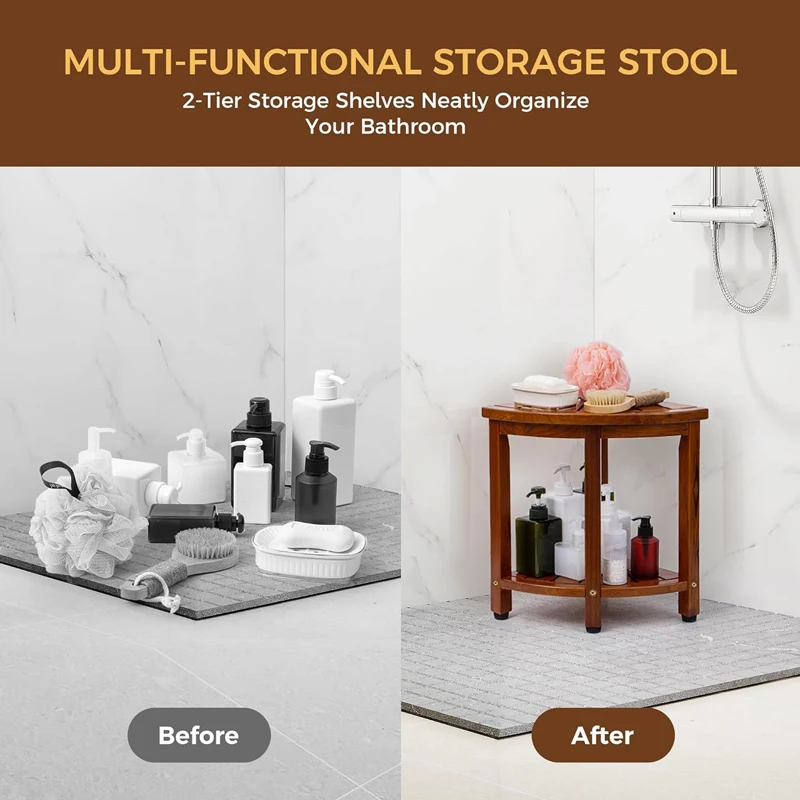 Teak Corner Shower Stool for Shaving Legs with Storage Shelf
