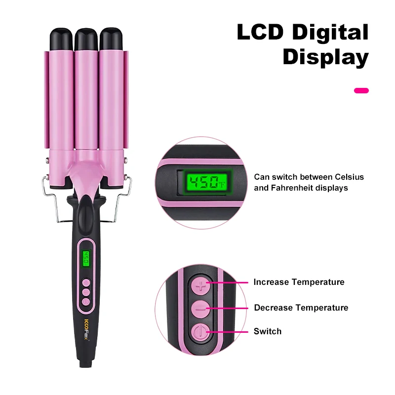 KooFex LCD Display Fast Heating Ceramic Hair Curler 450F Three Barrels Hair Curling Iron