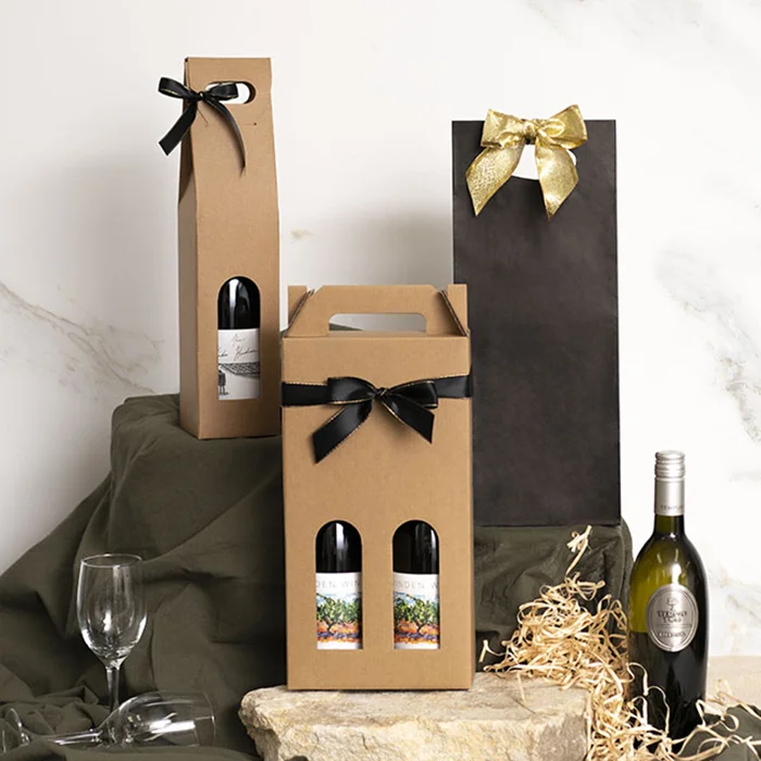 Custom Colors Kraft Paper Single Red Wine Bag with Window Transparent Rectangular Gift Bag Flower Tote Bag Rope Handle