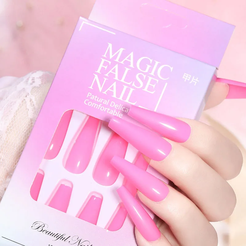 24PCS Noctilucence Neon Lights Luminous Long Ballet Nightclub Party Girls Coffin Fake Nails