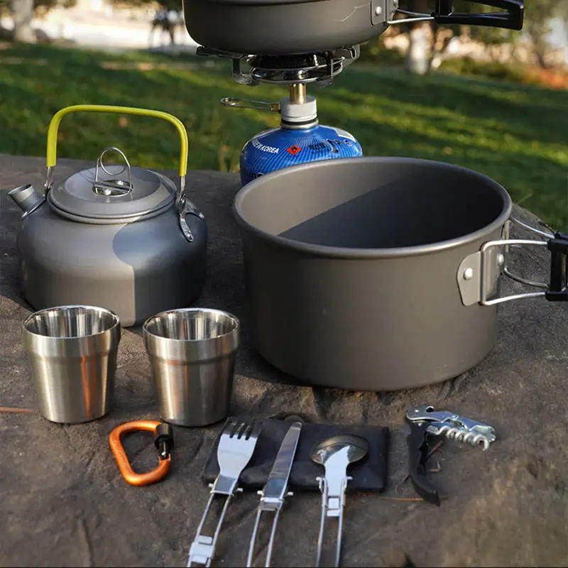 Portable Camping Tableware Cooking Set Outdoor Cookware Pan Pot Bowl Spoon Fork Utensils For Hiking Picnic Travel Wild