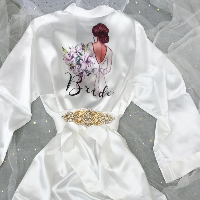 Wholesale Satin Bride and Bridesmaid Silk Robe Wedding Designer Bathrobe Short Robe with Printing Photos