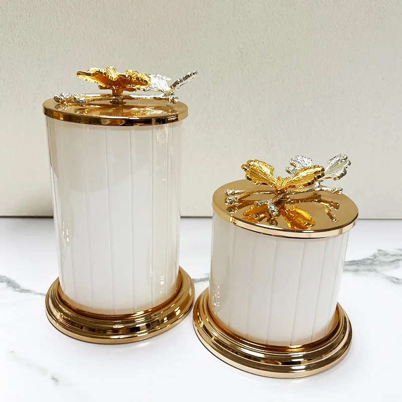 wholesale gold white glass gifts coffee candy tea sugar canisters container jars storage with leaf lid for kitchen decoration