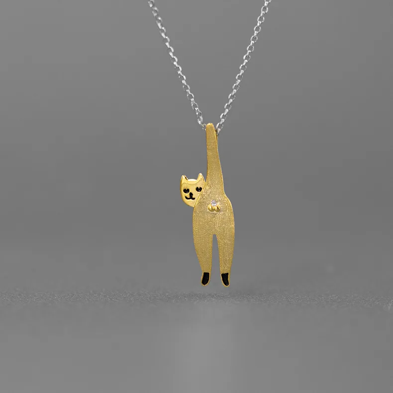 
925 Sterling Silver Naughty Cat with Zircon Pendant Gold Jewelry 