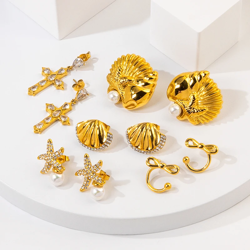 Trendy Style Earrings Stud Earring Set Wholesale Stainless Steel  Pearl 18K Gold Plated Stud Earrings