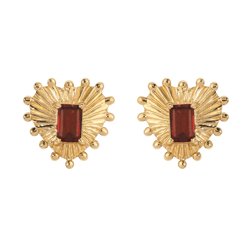 Gemnel high quality sunburst studs rectangular garnet stones classic 14k gold heart 925 sterling silver earring