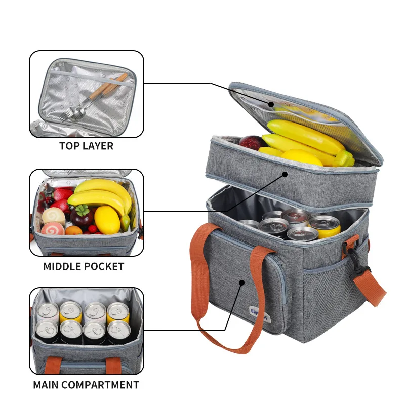 Reusable Large-Capacity Double-Layer Thermal Bag Insulated Lunch Bag Cooler Bag for Food