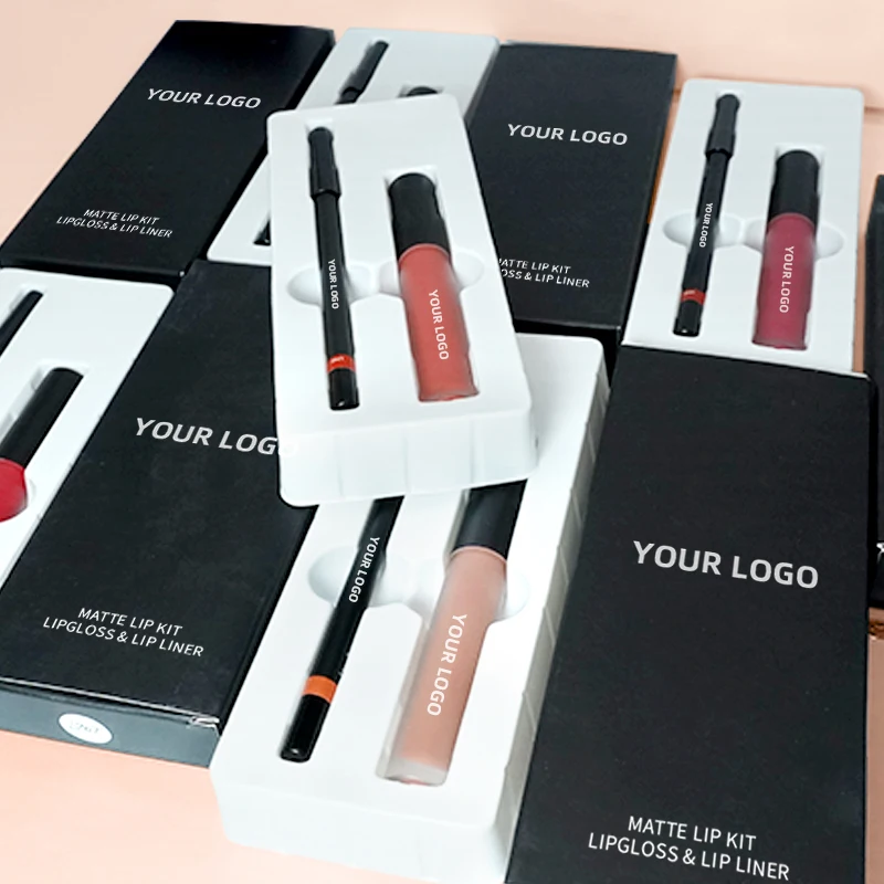 Vegan Matte 2 In 1 Lip Gloss Lip Liner Non Stick Cup Makeup Waterproof Long-lasting Custom Lip Set Cosmetics