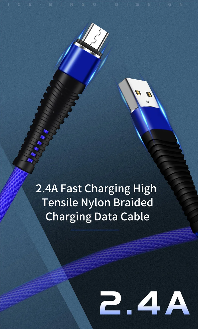 Mermaid Longer Tensile 2.4A Fast Charging Optional I6, V8 or Type-C Connectors USB with Data Transfer Cable