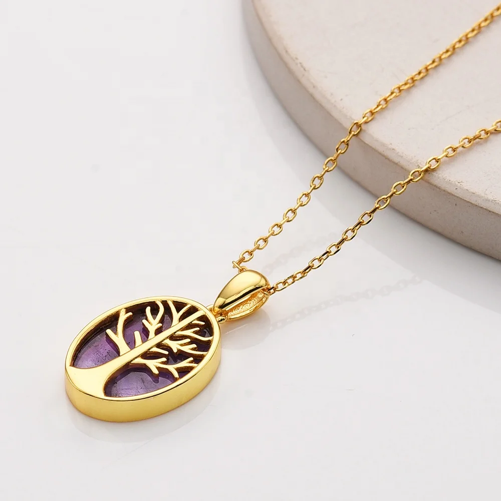 Wholesale 925 sterling silver natural gemstone citrine amethyst tree of life fine jewelry necklace 2024