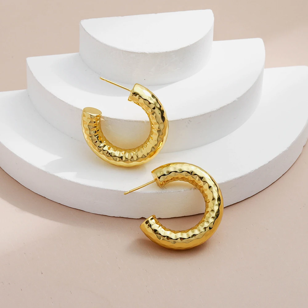Custom Fahion Women jewelry 2024 14k Gold Plated Hammered Brass Earring Textured Hoop Earring