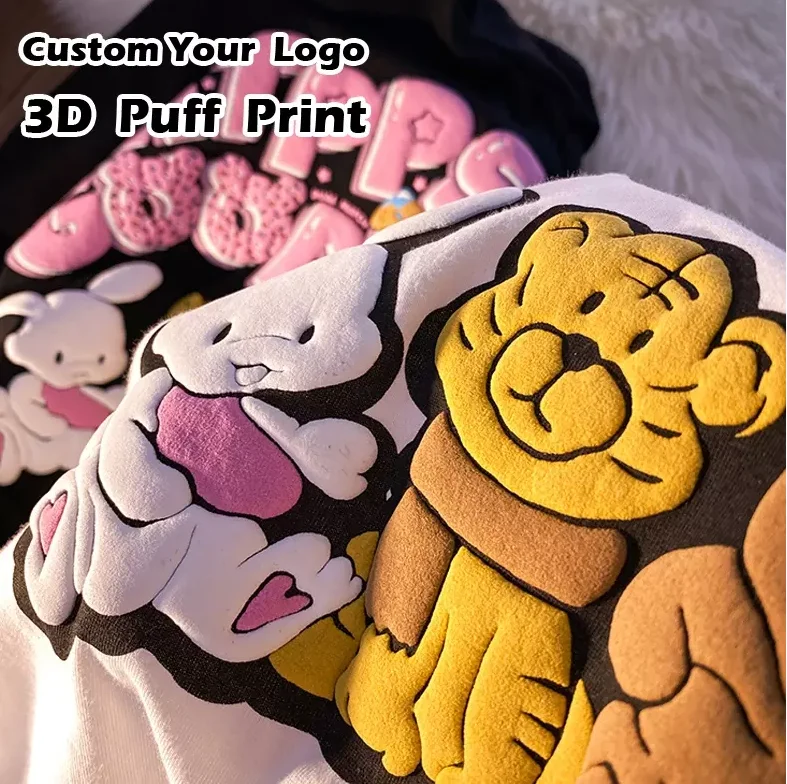 Popular Hot Cake Round Nec Custom Logo Puff Print T Shirt Oversized 100 Cotton Men 3d Puff Print Tshirt