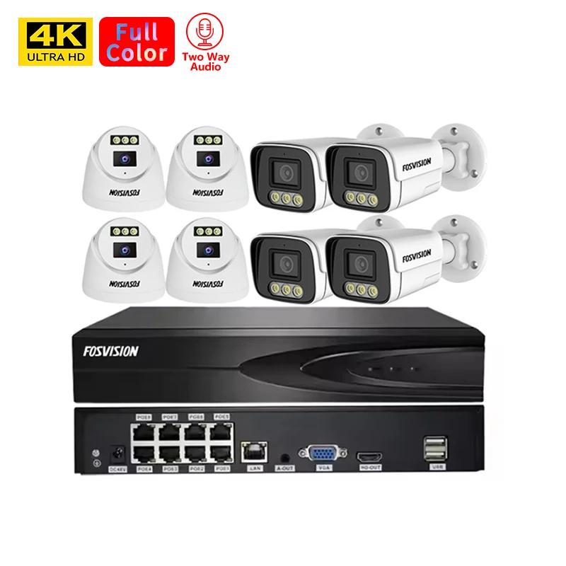 Fosvision 4k 8mp Ip Poe Camera System Hd Video 8ch Poe Nvr Camera Kit Set 8 Channel Nvr Home Security Cctv System Two Way Audio